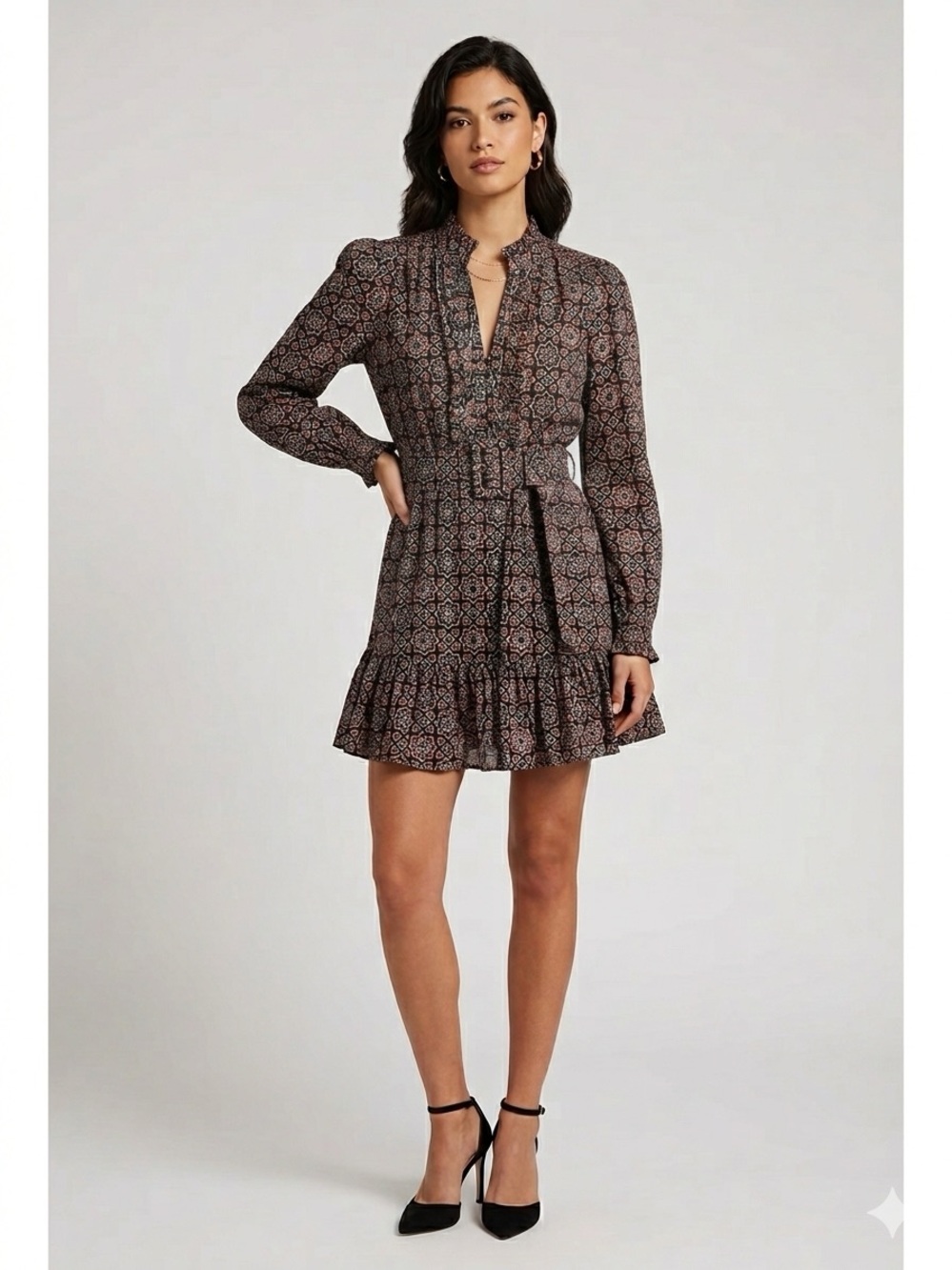 NWT Walter Baker Printed Long Sleeve Mini Dress Geometric Ruffle , size  XS